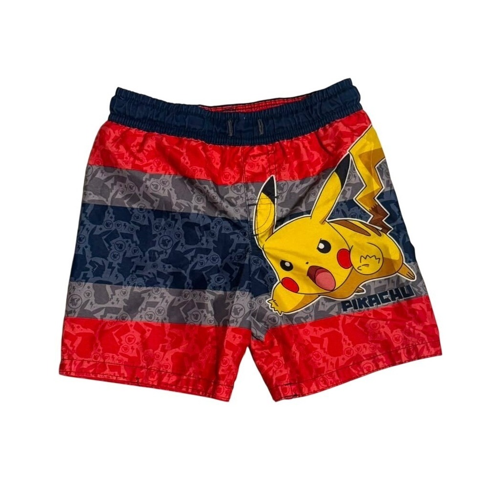 Pokemon Pikachu Boys Swim Trunks Red Navy Blue Striped Board Shorts Kids Size S